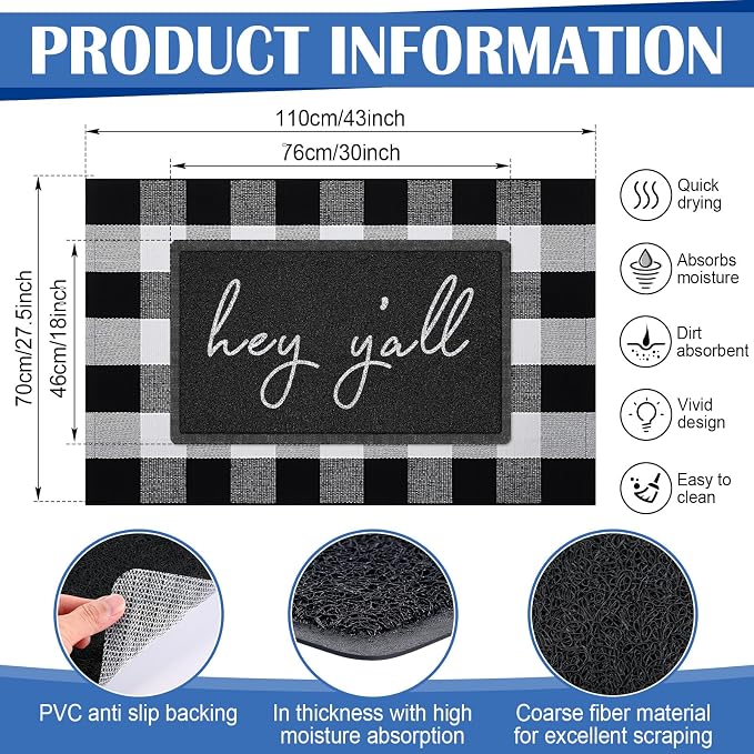 Geelin 2 Pcs 30'' x 18'' Doormat 43'' x 27.5'' Black and White Layered Rug for Front Door Mat Outside Entrance Welcome Door Mats for Indoor Outdoor Entryway Porch Decor(Hey Y'all)