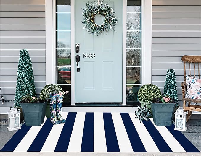 3'x5'Outdoor Rug,Striped Cotton Woven Washable Front Porch Rug Blue and White Farmhouse Entry Rug Indoor Outdoor Area Rug for Porch/Home Entrace Decor/Bedroom/Layered Door Mats