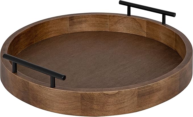 Kate and Laurel Lipton Modern Round Wood Tray, 15.5" Diameter, Rustic Brown with Black Handles, Decorative Accent Tray for Storage and Display