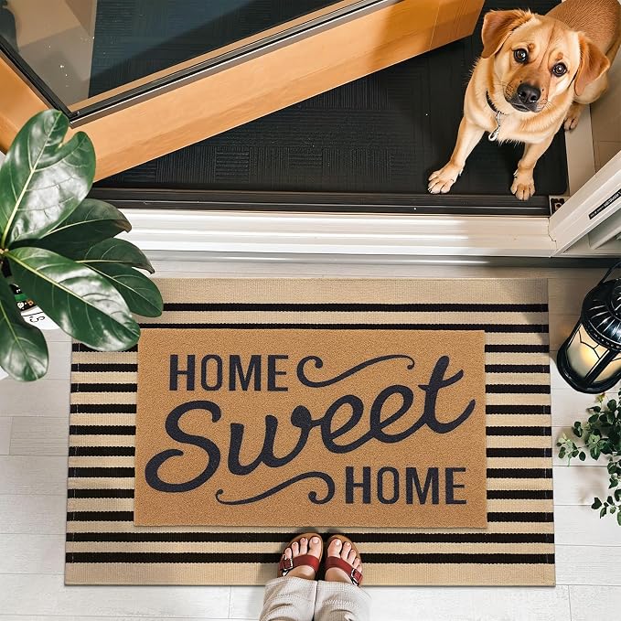 OLANLY Brown and Black Striped Rug 3' x 5' – Washable Cotton Doormat for Indoor Outdoor Use, Layered Front Porch Rug for Entryway, Kitchen, Patio