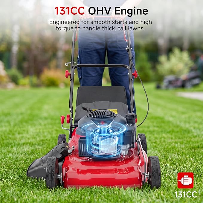 18-Inch Gas Lawn Mower, 131cc 4-Stroke OHV Engine, 3-in-1 Push Walk-Behind | 18" Blade | 3-in-1 Mulch/Bag/Rear Discharge with 50L Grass Tank | Yard Garden | 8 Cutting Height Adjustment | Steel Deck