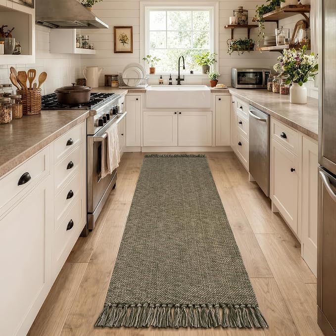 Collive Hallway Runner Rug 2.6' x 10', Boho Washable Kitchen Runner Rugs Hand Woven Bathroom Mats, Moss Green Modern Farmhouse Indoor Entry Hall Carpet for Bedroom Entrance Porch Decor