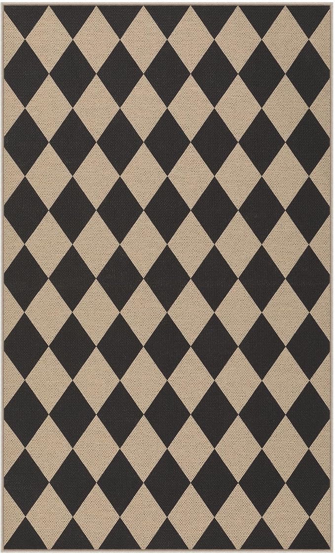Tribesigns 3x5 Black Checkered Easy Jute Outdoor Patio Rugs for Porch | Washable, Non-Slip Diamond Rug for Front Door, Kitchen, Backyard, Entryway and Indoor Outdoor Spaces, Includes 4 Rug Grippers