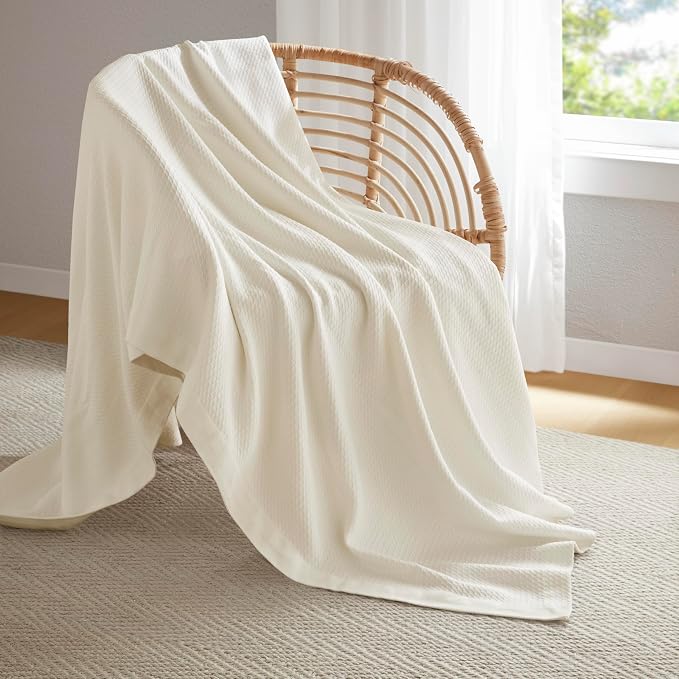 Madison Park 100% Egyptian Cotton Twin Size Bed Blanket for Summer Ivory | Cozy Soft Breathable Durable, Waffle Weave Woven Casual, Lightweight Knit All Season Throw for Bed Couch or Sofa, OEKO TEX