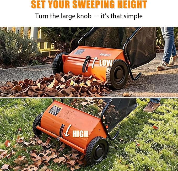 Push Lawn Sweeper, 26 in Grass Sweeper Leaf Collector with 7 Cu.ft Mesh Bag, Yard Sweeper with Adjustable Brush Height and 4 Spinning Brushes for Cleanup, Lawn Care Equipment
