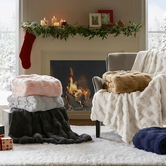 Madison Park Vivienne Faux Fur Throw Blanket Velvet, 50 x 60, Ivory | Cozy Warmth for Sofa or Bed, Reversible, Lightweight, OEKO-TEX Certified