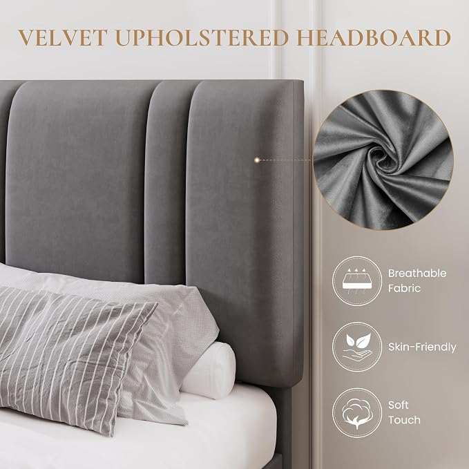 SHA CERLIN Queen Size Velvet Bed Frame with Adjustable Headboard, Grey | Vertical Channel Tufted Design, Upholstered Platform Bed, Wood Slats Support/No Box Spring Needed/Easy Assembly