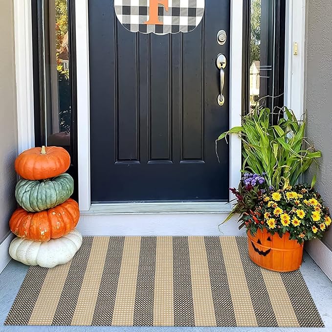 OJIA Front Door Rug 24"x51" Outdoor Doormat Washable Door Mats Porch Rug | Front Door Mat Outside Entrance Tan Woven Striped Outdoor Mat Entryway Rugs Indoor Small Area Rug for Kitchen Entry Bathroom