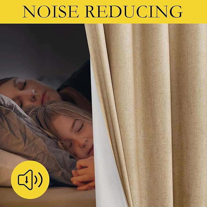 NICETOWN 100% Absolutely Blackout Linen Curtains with Thermal Insulated White Liner, Camel, W52 x L95, 2 Panels, Textured Linen Look Noise Reducing Window Treatments Drapes for Bedroom/Living Room