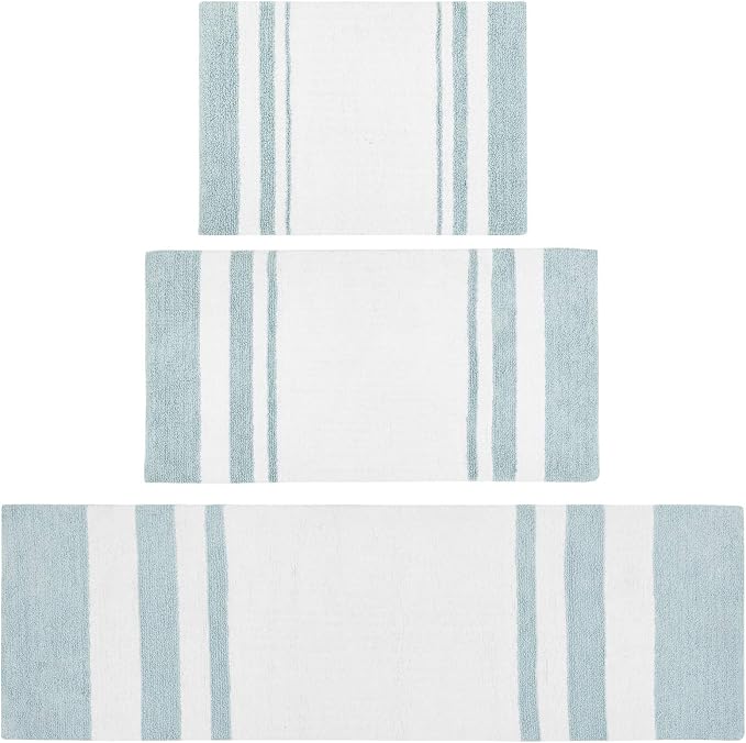Madison Park Reversible Spa Cotton Bath Rug 100%-Cotton Striped Ultra Soft Water Absorbent, Fast Drying, Bath-Mats, Non-Slip Absorbent Quick Dry Mats for Tub, Shower Room, and Bathroom, 27x45, Aqua