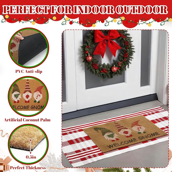 2 Pcs Outdoor Door Mat Combo Set Layered Outdoor Rug and Coir Welcome Doormat Non Slip Outside Floor Mat for Front Porch Entryway Patio Yard Decor(Gnome,24'' X 51',18'' X 28'')