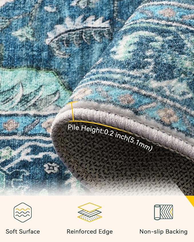 Area Rugs 6ft Washable Non-Slip, Floral Vintage Distress Print Pattern Medallion Carpet for Living Room Bedroom Dining Room, Teal Green Lake Blue Turquoise