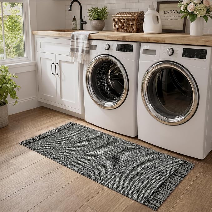 Collive Bathroom Runner Rug, 2' x 5' Modern Farmhouse Kitchen Runner Rug Hand-Woven Entryway Rugs Runners for Hallway, Black Boho Washable Laundry Carpet Indoor Front Door Mat for Bedroom Decor