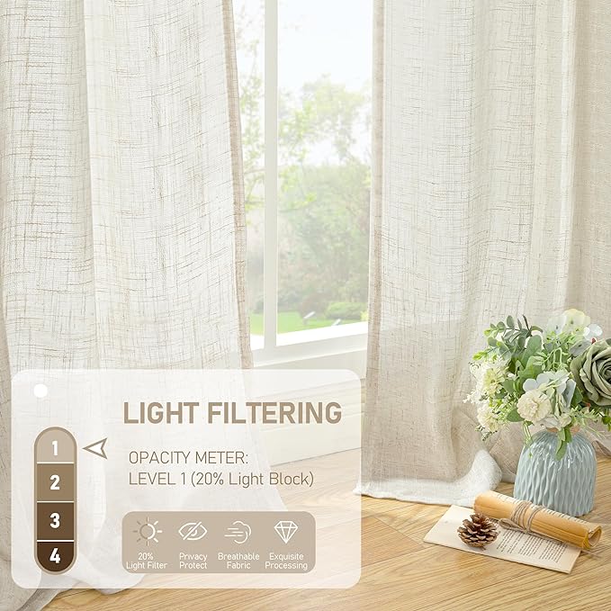 LAMIT Natural Linen Semi Sheer Curtains 80 Inch Length, Light Filtering Neutral Window Curtains Farmhouse Boho Back Tab and Rod Pocket Panels, Natural Cream Ivory, 2 Panels, 52 x 80 Inch