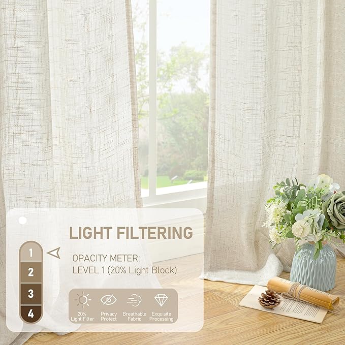 LAMIT Cream 90 Inch Long Linen Sheer Curtains 2 Panels Set - Image 4