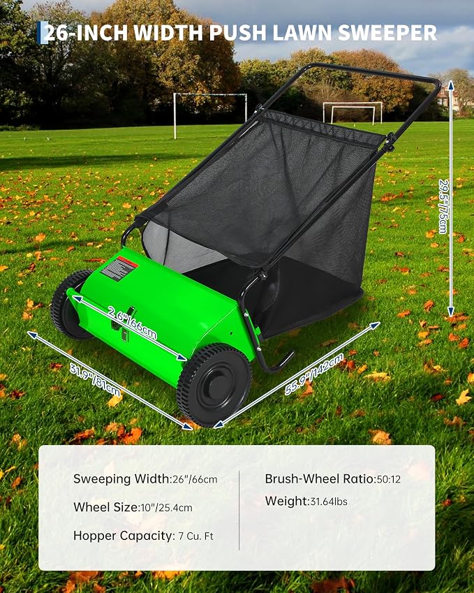 26 Inch Push Lawn Sweeper, 7 Cu.ft Large Capacity Leaf Collector with 4 Spinning Brushes, Adjustable Height Heavy Duty Steel Frame Lawn Sweeper with Rubber Wheels for Yard Garden Grass Leaves Debris