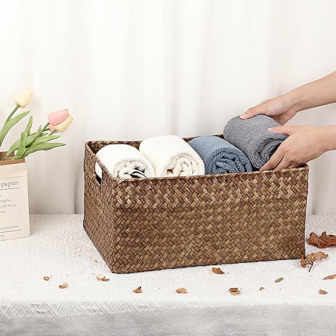 Hipiwe Seagrass Storage Baskets Bin for Shelf, X-Large Woven Wicker Basket | Rectangular Bathroom Baskets Organizer Built-in Handles, Multipurpose Storage Basket Bin, 16.1"L x11.8"W x7.7"H