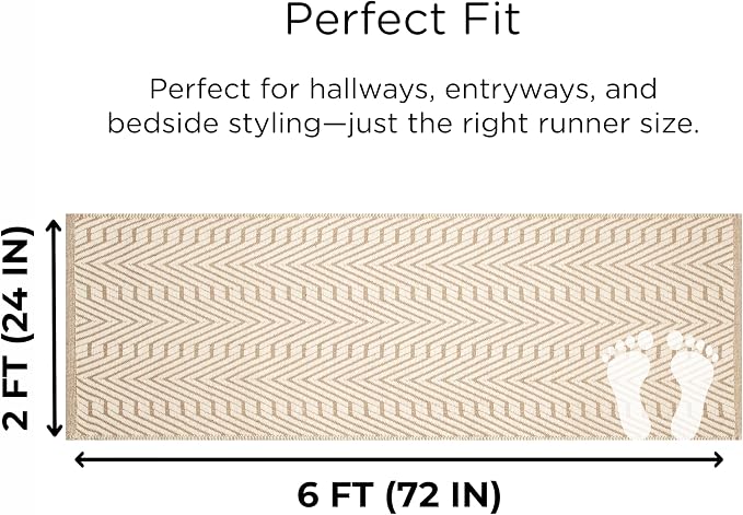 THE BEER VALLEY Jute Cotton Geometric Runner Rug 2x6 Feet - Natural White | Large Boho Kitchen Chevron Runners for Hallways, Easy Care Ivory Beige Laundry Room Rugs