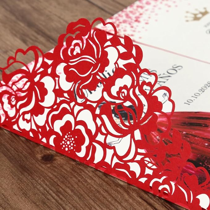 DORIS HOME Laser Cut Quinceanera Invitation Pockets, Red, 5"x7" | 50pcs, With Envelopes, For Birthday, Miss 15, Sweet 16, No Inserts Included
