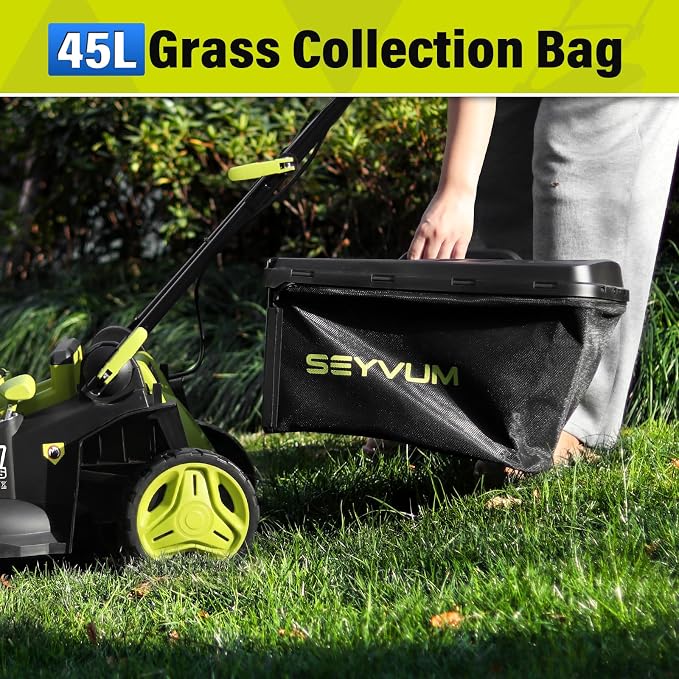 SEYVUM 40V 16" Cordless Lawn Mower with 2×4.0Ah Battery, 45L Collection Bag | 6-Position Height Adjustment, 2.4A Fast Charger Included