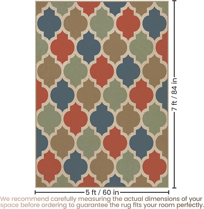 Washable 5x7 Moroccan Trellis Easy Jute Rug for Livingroom, Colorful Neutral Boho Outdoor Indoor Patio Large Area Rug, Woven Ultra Thin Non Slip Carpet Mat for Backyard Kids Bedroom Classroom Playroom