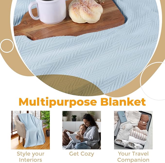 Superior Metro All-Season Cotton Blanket, Woven Blanket for Couch, Bed, Bedding, Farmhouse, Home Essentials, Cute and Cozy Bohemian Blankets, Herringbone Weave, King, Light Blue