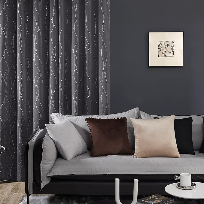 Deconovo Short Curtains Grey, Blackout Kitchen Curtain, Thermal Insulated Soundproof Drapes, Wave Dots Foil Print, 52 x 45 Inches, 2 Panels, Machine‑Washable Privacy Window Panel for Nursery Office