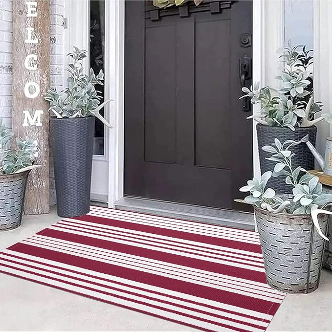 Red and White Striped Rug 24'' x 51'' Front Porch Rug Hand-Woven Machine Washable Indoor/Outdoor Layered Door Mats for Entryway/Bedroom/Outdoor