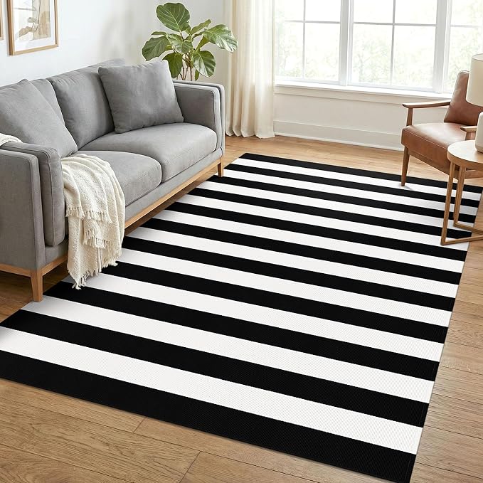 KOZYFLY Black White Rug 5x7 Area Rug Woven Washable Striped Rugs Cotton Farmhouse Indoor Outdoor Rugs for Living Room Bedroom Entryway Porch Patio