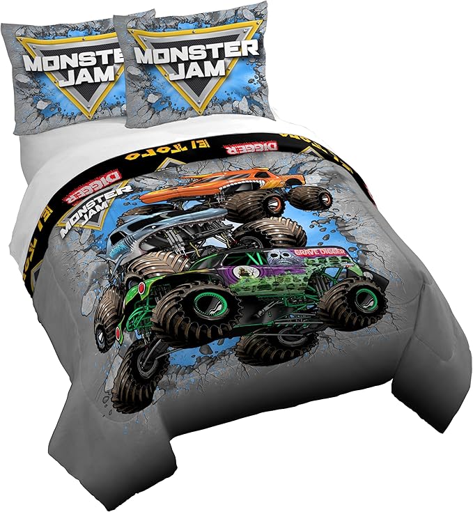 Jay Franco Kids Duvet Cover Set – 3 Piece Super Soft Bedding with Sham Pillowcase, Cover ONLY Comforter Not Included, Grey - Monster Jam, Full