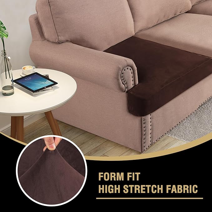 H.VERSAILTEX Stretch Velvet 3 Piece T Cushion Sofa Slipcovers - Individually Fitting Cushion Covers for 3 Cushion Couch - Stay in Place (Brown)