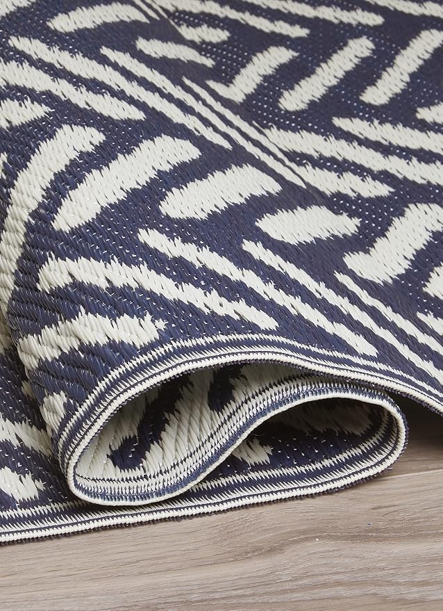 FH Home Outdoor Camping Rug - Waterproof, Fade Resistant, Reversible - Premium Recycled Plastic - Herringbone - Large Patio, Deck, Sunroom, RV - Fresno - Navy - 9 x 12 ft Foldable