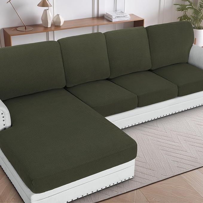 H.VERSAILTEX Sectional Couch Covers 1 Piece Chaise Slipcover L Shape Separate Cushion Couch Cover for Both Left/Right Sectional Couch (Seat Only: 1 Chaises, Olive)