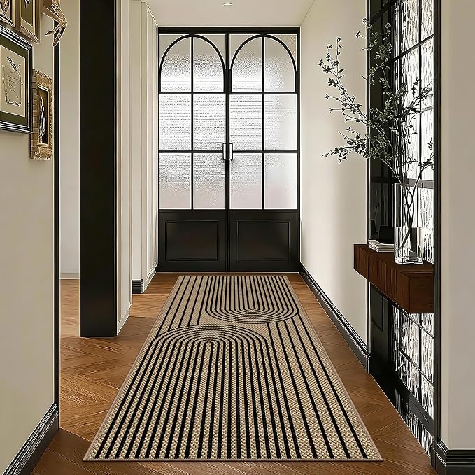 Faux Jute Hallway Runner Rug, 2' x 6' Kitchen Runner, Black Farmhouse Ultra-Thin Washable Non-Slip Carpet Runner for Laundry, Bedroom, Backyard, Outdoor, Home Decor