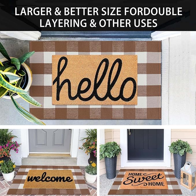 KOZYFLY Buffalo Plaid Area Rugs 27.5x43 Inches Coffee and White Checkered Rug Washable Front Door Mat Hand Woven Cotton Outdoor Rug Small Rug for Front Porch Kitchen Entryway Patio Bathroom