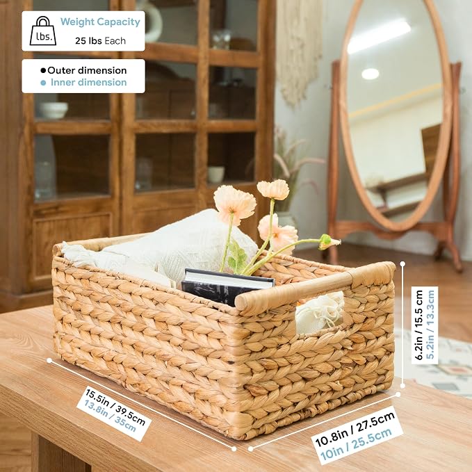VATIMA Hyacinth Large Wicker Basket 15.5x10.8x6.2" | Rectangular, Wooden Handles, Shelf Organizer