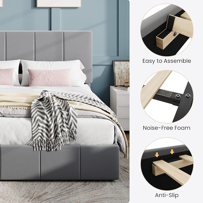 SHA CERLIN King Size Bed Frame, Velvet Upholstered Platform Bed, Vertical Channel Tufted Adjustable Headboard, Low Profile Bed Frame, No Box Spring Needed, Easy Assembly, Grey