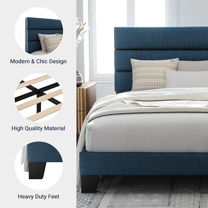 Allewie King Size Platform Bed Frame with Fabric Upholstered Headboard Blue | Wooden Slats Support, Fully Upholstered Mattress Foundation, No Box Spring Needed, Easy Assembly, Noise-Free, Blue