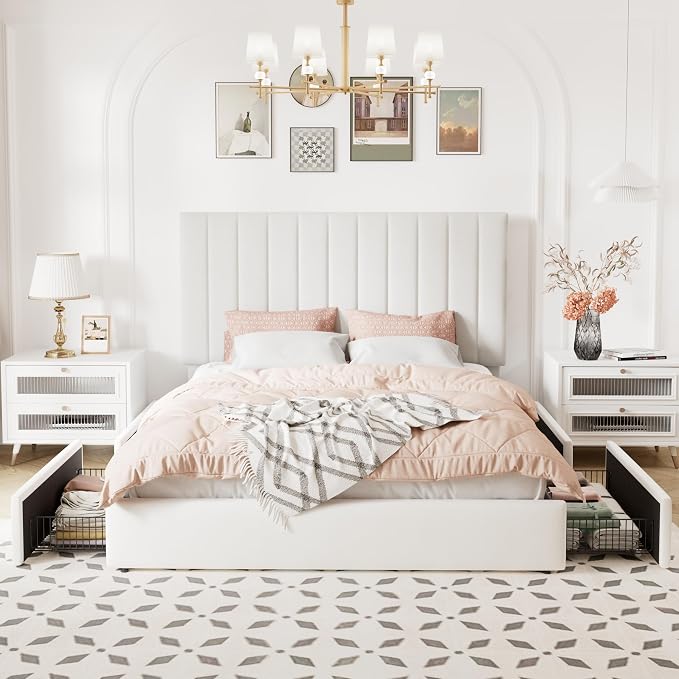 Allewie Queen Size Storage Bed Frame, Vertical Channel Tufted Adjustable Headboard, Velvet Upholstered Platform Bed with 4 Oversized Underbed Drawers, Wooden Slats Support, No Box Spring Needed, White
