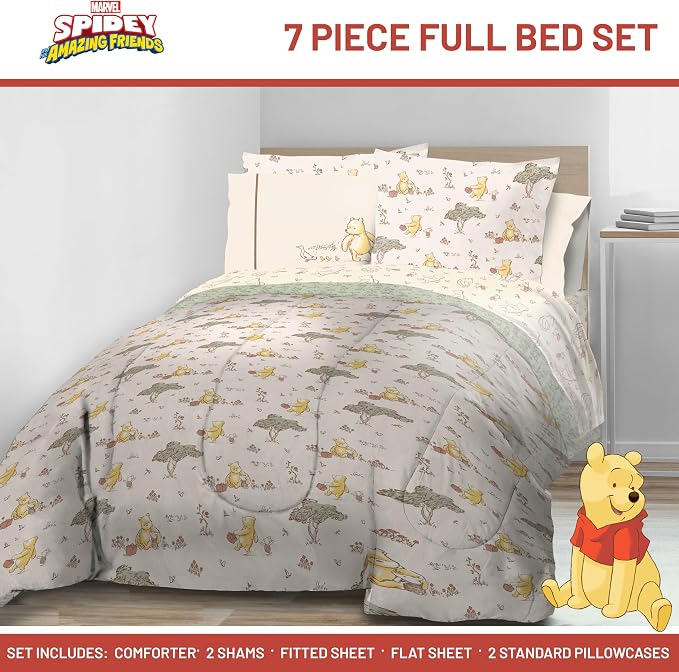 Jay Franco Kids Bed Set, Beige, Winnie The Pooh, 7 Piece Full | Cozy Soft Bedding for Stylish Room Décor with Comforter, Sheets & Pillow Covers