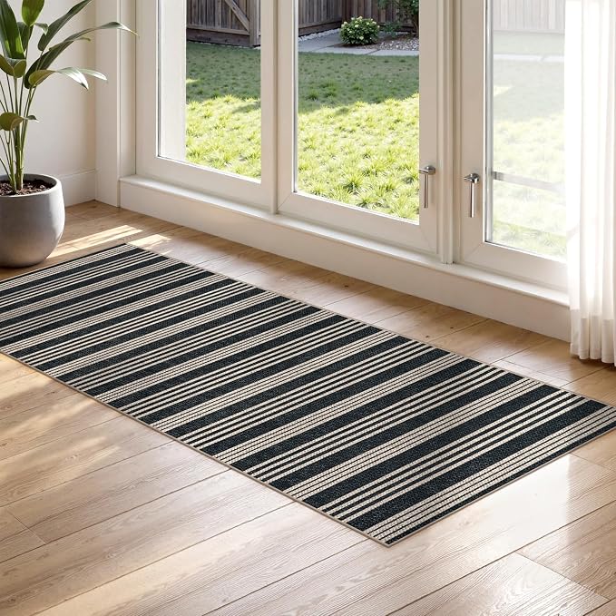 Lahome Striped Easy Jute Kitchen Runner Rug, 2x6 Washable Rugs for Entryway | Indoor Outdoor Non Slip Black Runners for Hallways, Modern Farmhouse Non Shedding Carpet for Laundry Room Front Porch Entry