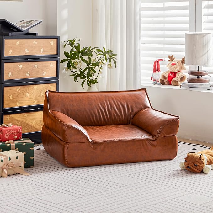 Dog Couch Bed Leather Cat Sofa for Small and Medium Pets Under 50 lbs, Brown Mid Century Modern Elevated Dog Sofa Chair Luxurious Indoor Furniture Style Pet Supplies for Puppy
