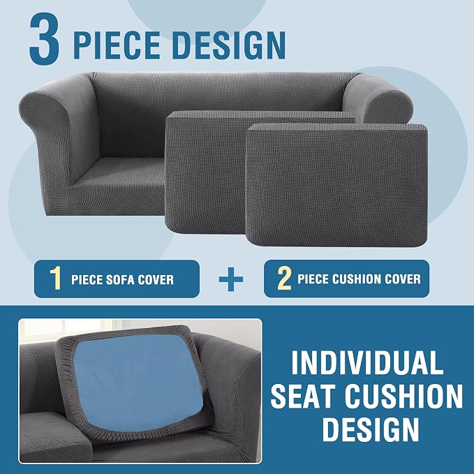 H.VERSAILTEX 3 Pieces Stretch Chesterfield Sofa Covers for 2 Cushion Couch Mid Century Deep Seat Slip Covers for Sofas/Couches with Elastic Bottom Thicker Jacquard Fabric(Medium-XL Sofa, Grey)