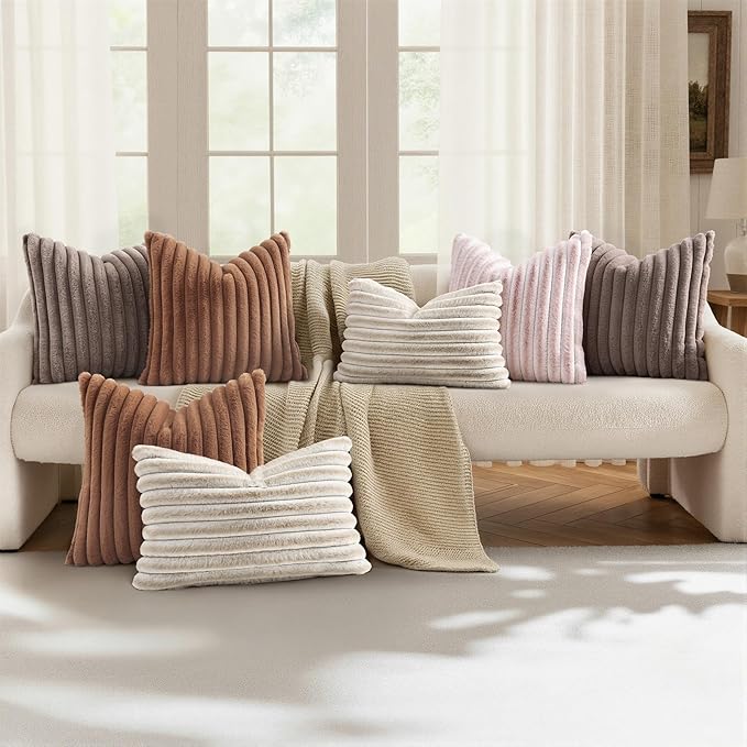 decorUhome Cozy Faux Fur Throw Pillow Covers 16x16 Set of 2 Decorative Soft Plush Striped Modern Farmhouse Boho Couch Pillow Cases with Velvet Back for Sofa Bed Living Room, Light Coffee