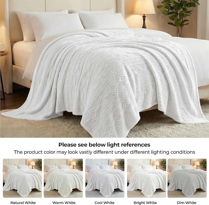 SUPERIOR Fleece Boho Jacquard Blanket, Decorative Blankets for Bedroom, Sofa, Fuzzy, Plush, Fluffy, Soft, Cute Room Decor, Beautiful Cover, Comfort Essentials, Arctic Collection, Throw XL, White