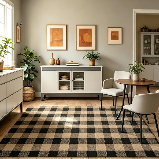 SEEKSEE Buffalo Plaid Rug 4' x 6' Coffee and Black Large Front Door Mat, Layering Area Rug, Washable Rug for Outdoor Patio Entryway Indoor Living Room Kitchen Dining Room Decor