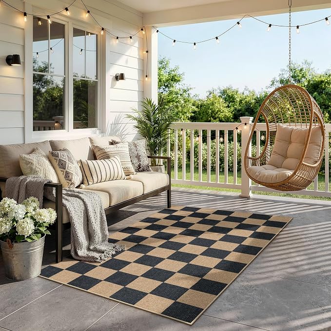 Lahome Colette Checkered Easy Jute Carpet, 3x5 Outdoor Patio Rug Washable Rugs for Entryway Checkerboard Indoor Outdoor Living Room Carpet, Farmhouse Neutral Non Slip Black Door Mat for Bedroom
