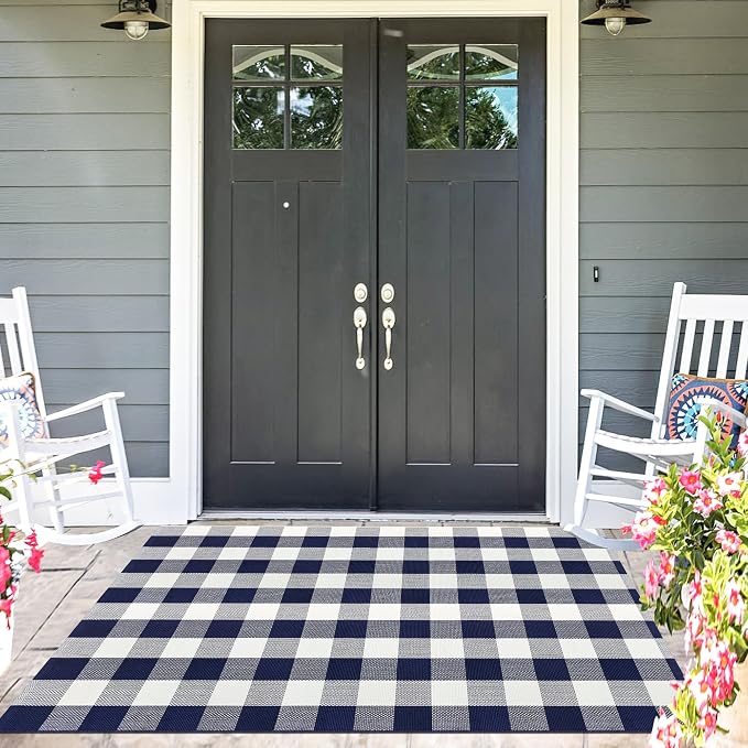 Buffalo Plaid Outdoor Patio Rug 4x6 Feet Buffalo Check Rug Cotton Woven Navy and White Checkered Outdoor Indoor Rug Washable Carpet for Living Room Dining Room Bedroom Farmhouse