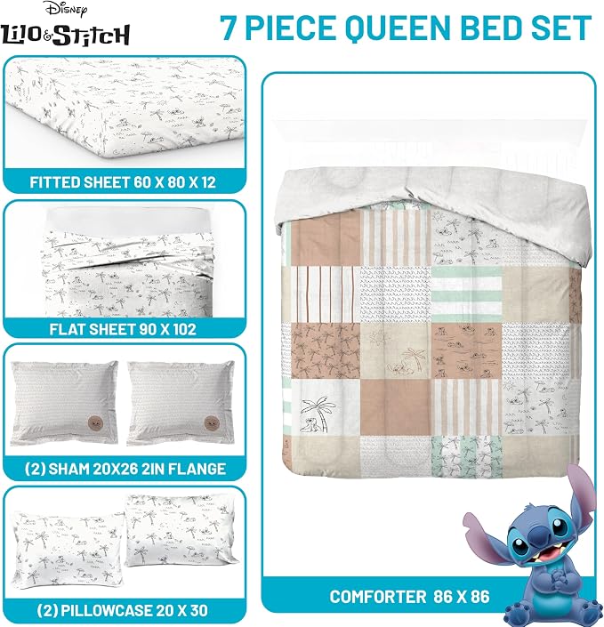 Disney Lilo and Stitch Queen Comforter Set 7 Piece Bedding for Girls, Multi | Bed in a Bag, Comforter Sheets Shams Pillowcases, Official Product, Soft Microfiber, Machine Washable, Girls Gift