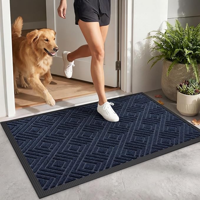 DEXI Front Door Mat Outside Entrance, 17x30 Heavy Duty Entry Doormat Dirt Trapper with Rubber Back, Non Slip Low Profile Floor Mats for Entryway Exterior Patio, Checkered Navy